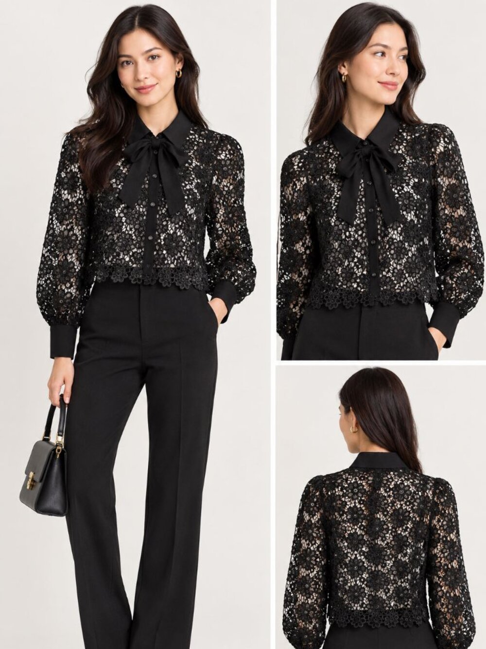 Zara Blck Lace Blouse with Collar and Neck Tie